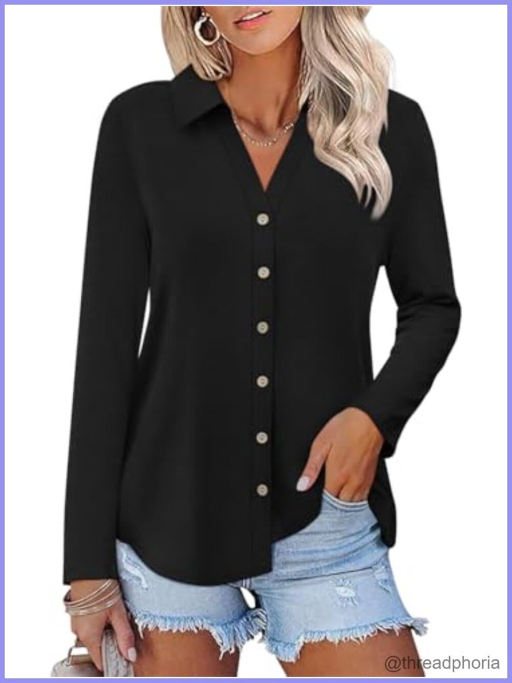 Womens Long Sleeve Button Down Tunic Top V-Neck Casual Fall